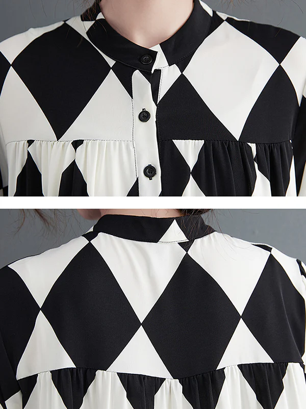 A-Line Long Sleeves Buttoned Plaid Polo Midi Dresses - Image 9
