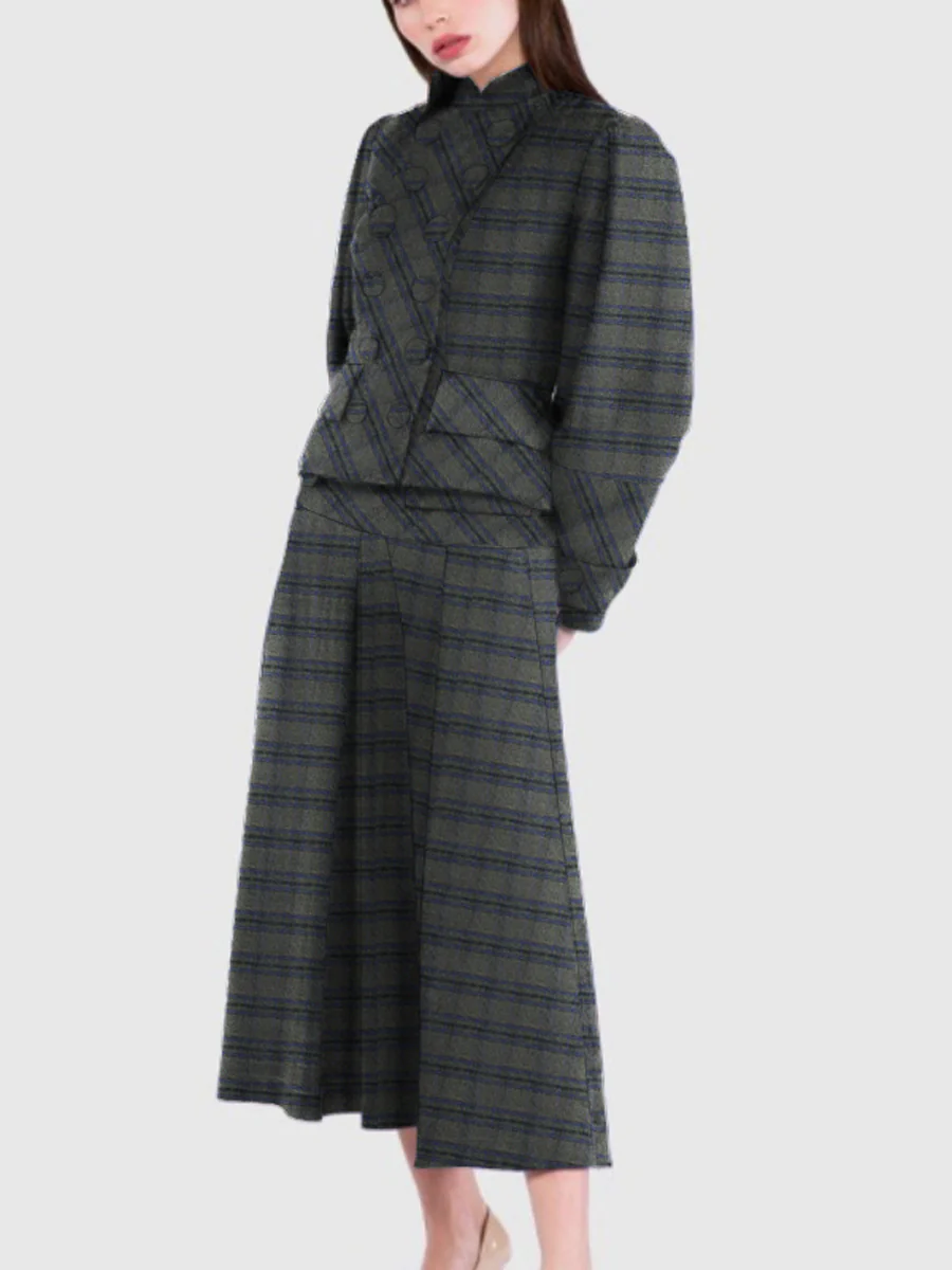 A-Line Long Sleeves Buttoned Plaid Split-Joint Stand Collar Sets Two-Piece Sets - Image 2