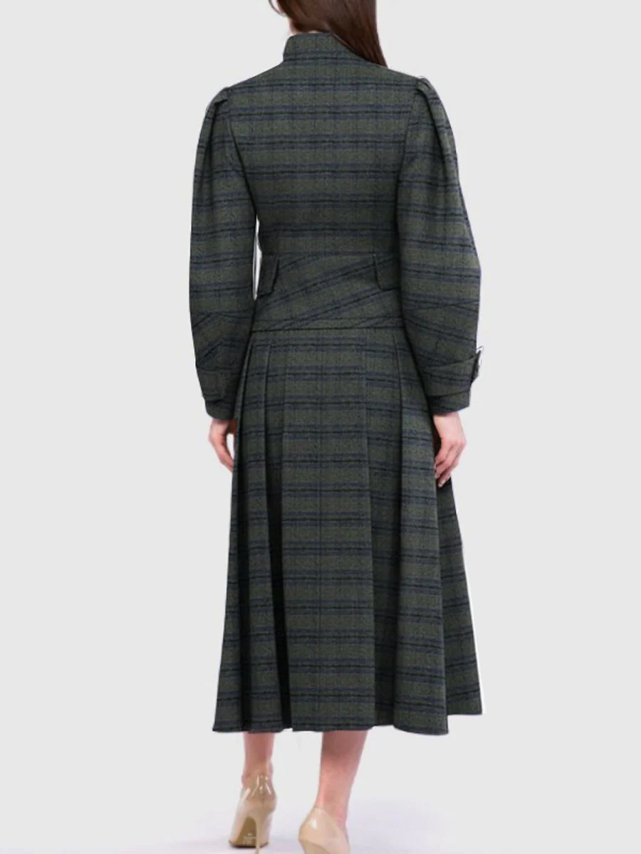 A-Line Long Sleeves Buttoned Plaid Split-Joint Stand Collar Sets Two-Piece Sets - Image 3