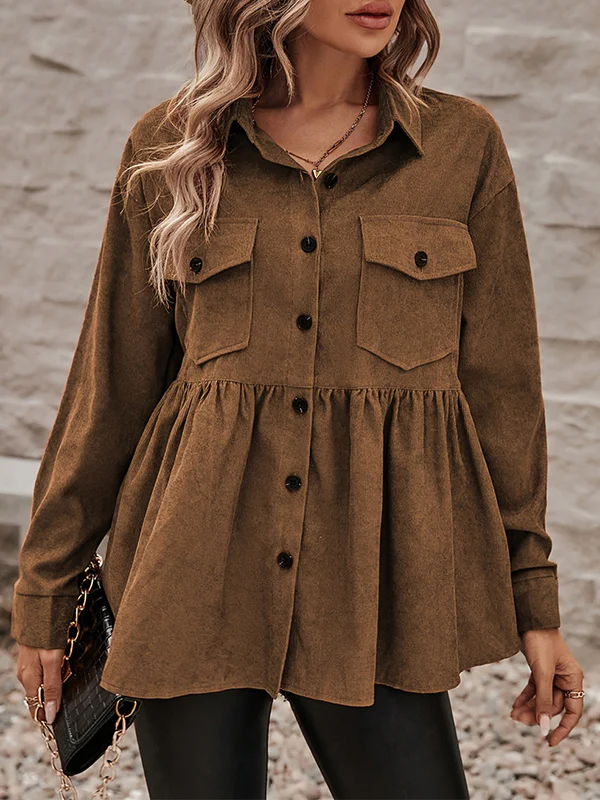 A-Line Long Sleeves Buttoned Pleated Pockets Solid Color Split-Joint Lapel Outerwear - Image 2