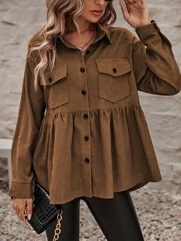 A-Line Long Sleeves Buttoned Pleated Pockets Solid Color Split-Joint Lapel Outerwear - Image 3