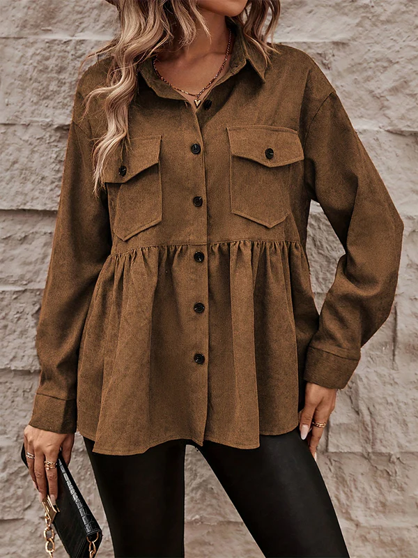 A-Line Long Sleeves Buttoned Pleated Pockets Solid Color Split-Joint Lapel Outerwear - Image 4