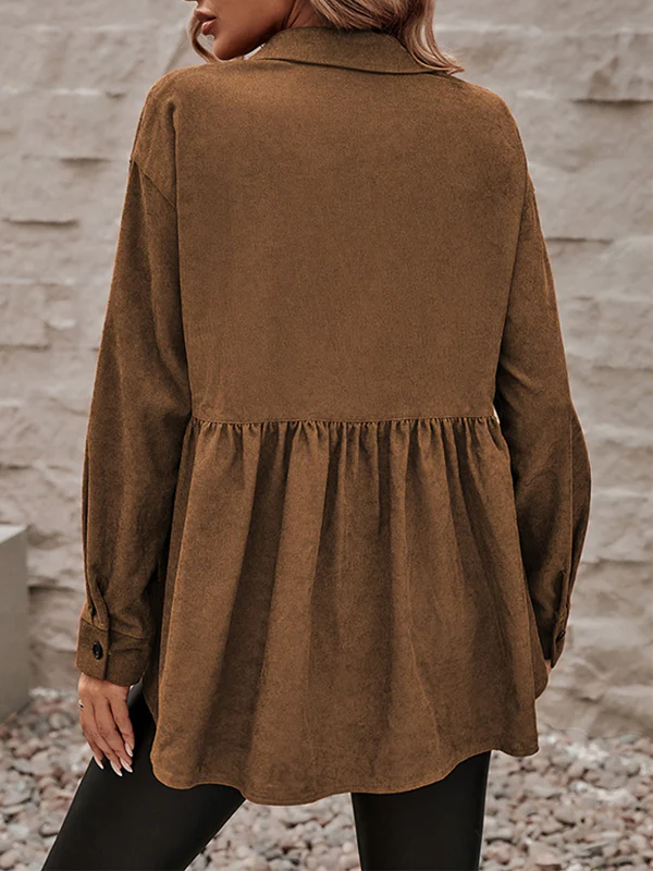 A-Line Long Sleeves Buttoned Pleated Pockets Solid Color Split-Joint Lapel Outerwear - Image 5