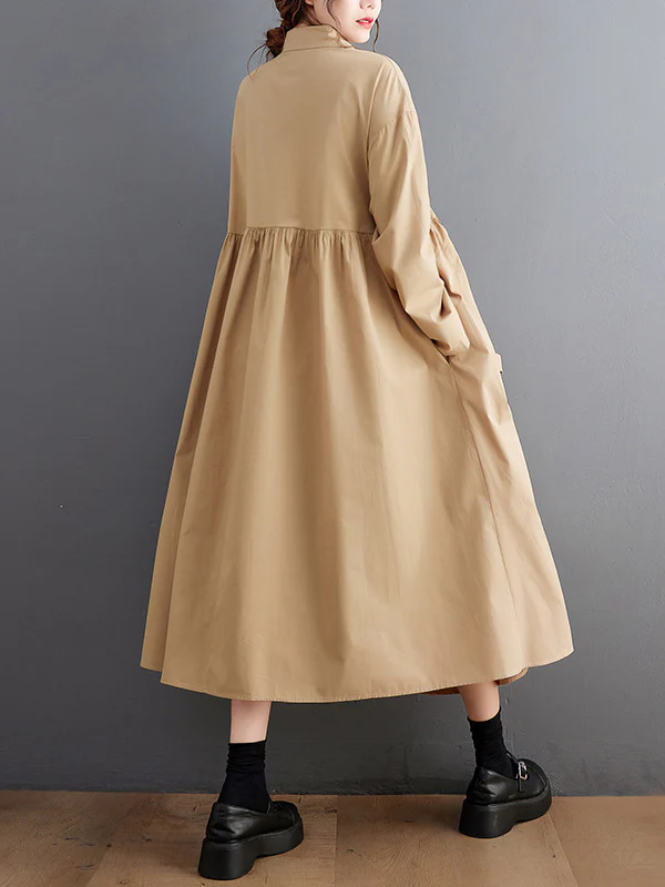 A-Line Long Sleeves Buttoned Pleated Pockets Solid Color Tied Lapel Midi Dresses Shirt Dress - Image 10