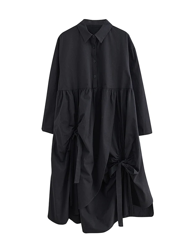 A-Line Long Sleeves Buttoned Pleated Pockets Solid Color Tied Lapel Midi Dresses Shirt Dress - Image 11