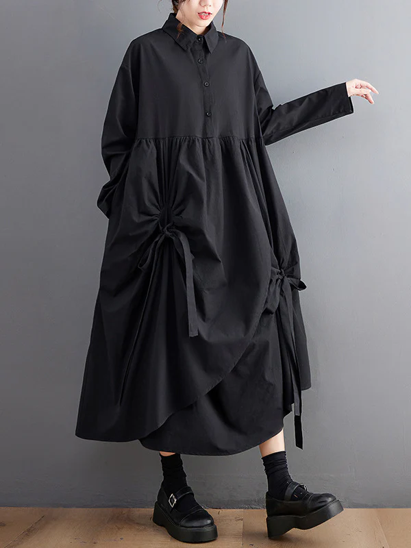 A-Line Long Sleeves Buttoned Pleated Pockets Solid Color Tied Lapel Midi Dresses Shirt Dress - Image 2