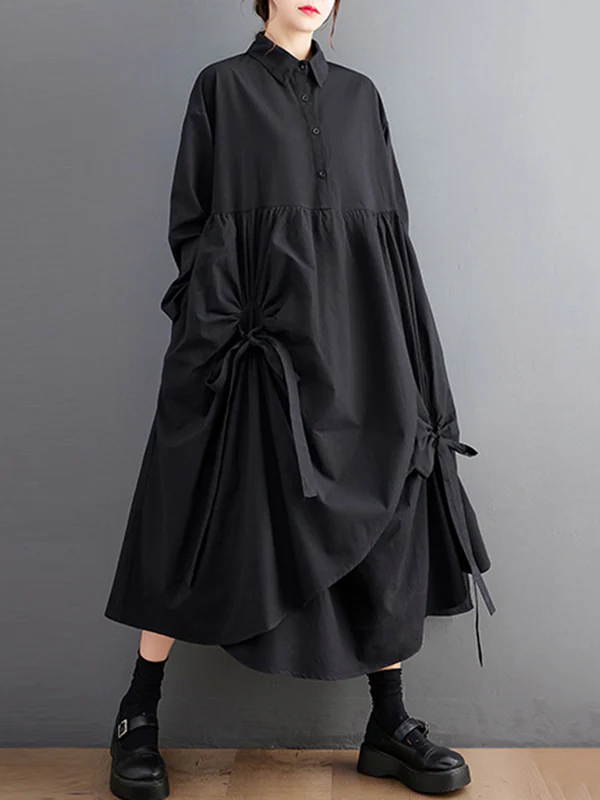 A-Line Long Sleeves Buttoned Pleated Pockets Solid Color Tied Lapel Midi Dresses Shirt Dress - Image 3