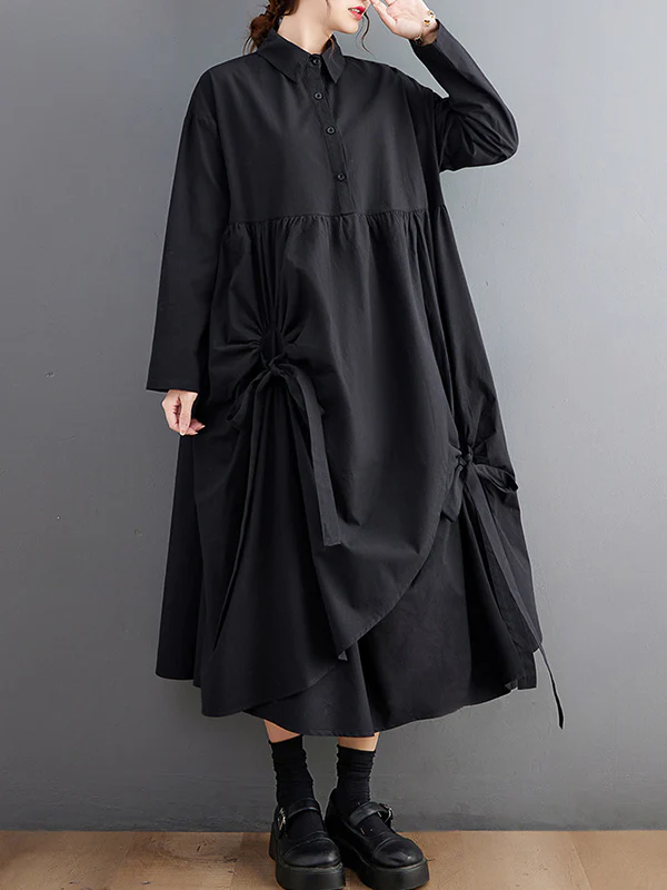 A-Line Long Sleeves Buttoned Pleated Pockets Solid Color Tied Lapel Midi Dresses Shirt Dress - Image 4