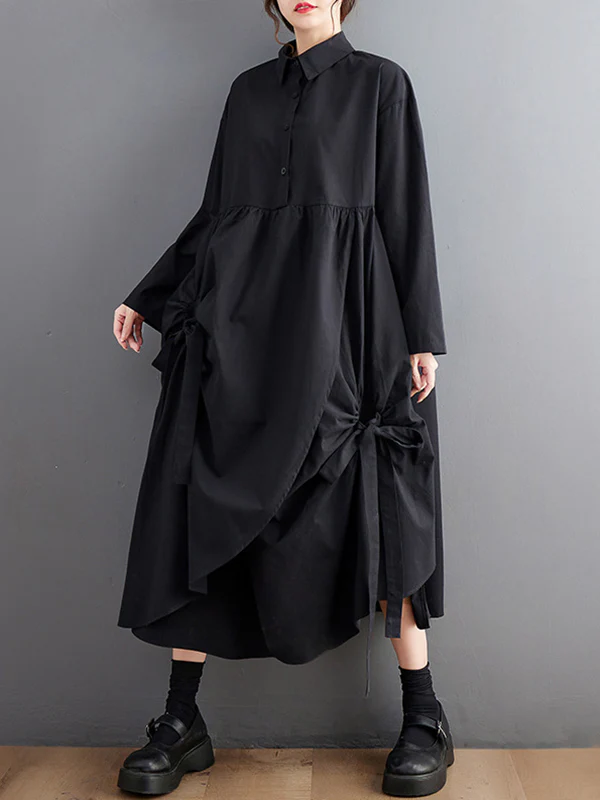 A-Line Long Sleeves Buttoned Pleated Pockets Solid Color Tied Lapel Midi Dresses Shirt Dress - Image 5