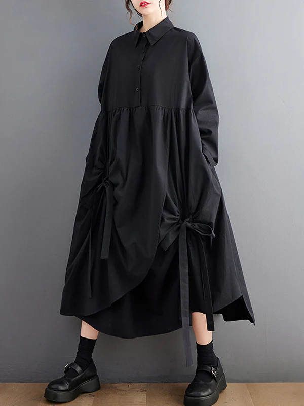 A-Line Long Sleeves Buttoned Pleated Pockets Solid Color Tied Lapel Midi Dresses Shirt Dress - Image 6