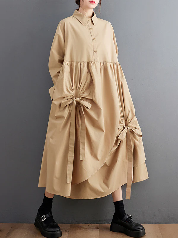 A-Line Long Sleeves Buttoned Pleated Pockets Solid Color Tied Lapel Midi Dresses Shirt Dress - Image 7