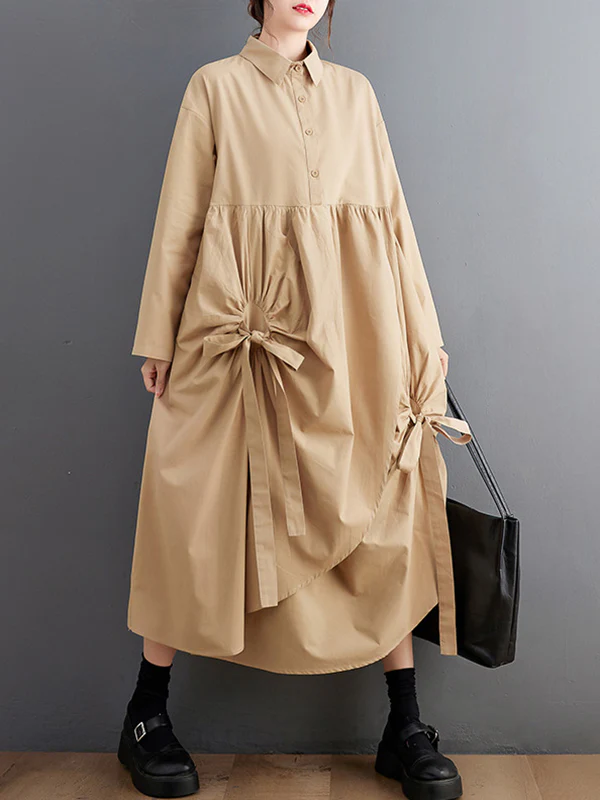 A-Line Long Sleeves Buttoned Pleated Pockets Solid Color Tied Lapel Midi Dresses Shirt Dress - Image 8