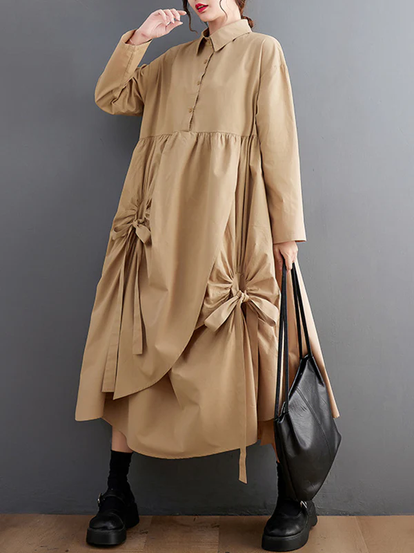 A-Line Long Sleeves Buttoned Pleated Pockets Solid Color Tied Lapel Midi Dresses Shirt Dress - Image 9