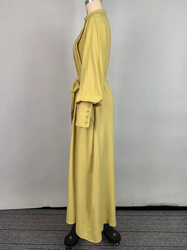 A-Line Long Sleeves Buttoned Pleated Pockets Solid Color Tied Waist V-Neck Maxi Dresses - Image 10