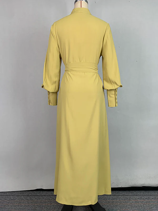 A-Line Long Sleeves Buttoned Pleated Pockets Solid Color Tied Waist V-Neck Maxi Dresses - Image 11