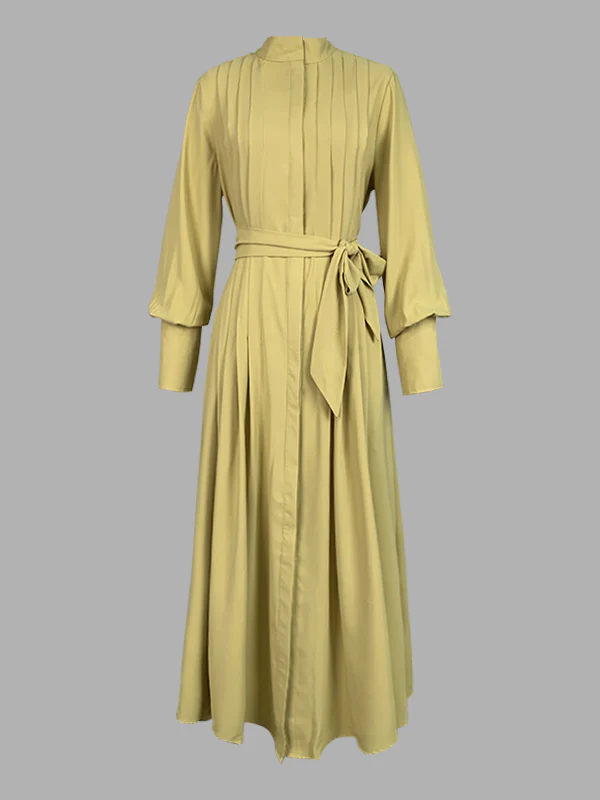 A-Line Long Sleeves Buttoned Pleated Pockets Solid Color Tied Waist V-Neck Maxi Dresses - Image 16