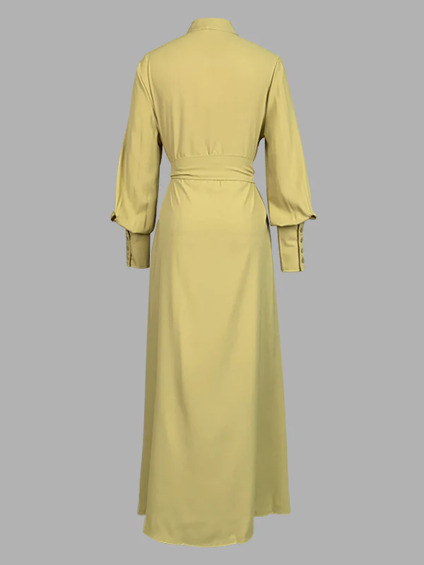 A-Line Long Sleeves Buttoned Pleated Pockets Solid Color Tied Waist V-Neck Maxi Dresses - Image 17