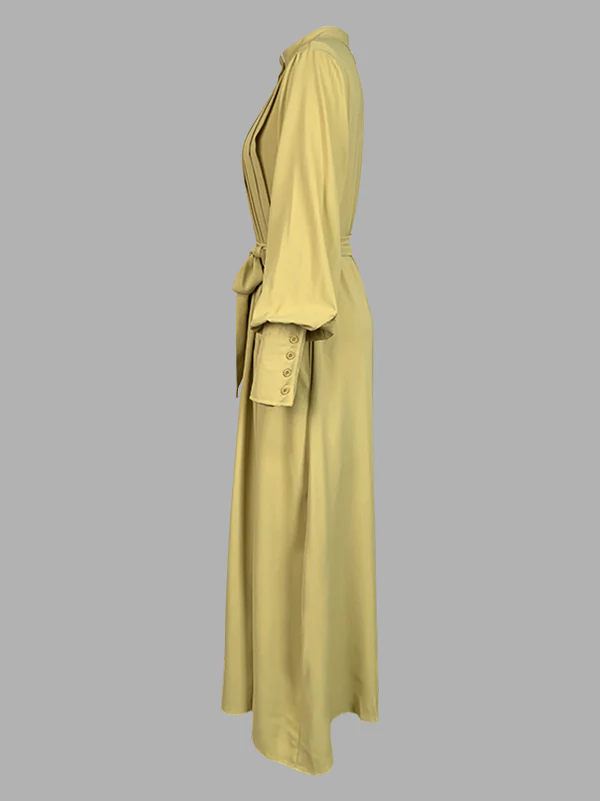 A-Line Long Sleeves Buttoned Pleated Pockets Solid Color Tied Waist V-Neck Maxi Dresses - Image 18