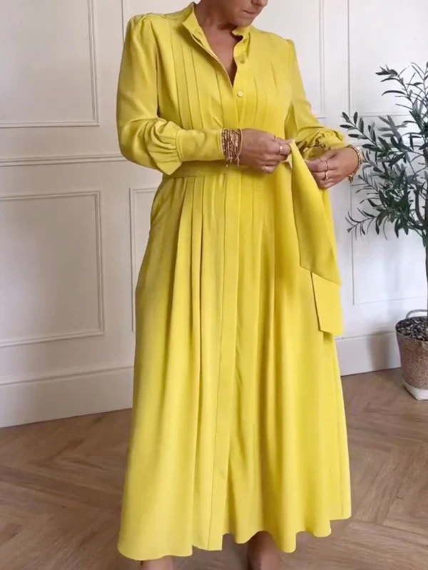 A-Line Long Sleeves Buttoned Pleated Pockets Solid Color Tied Waist V-Neck Maxi Dresses - Image 2