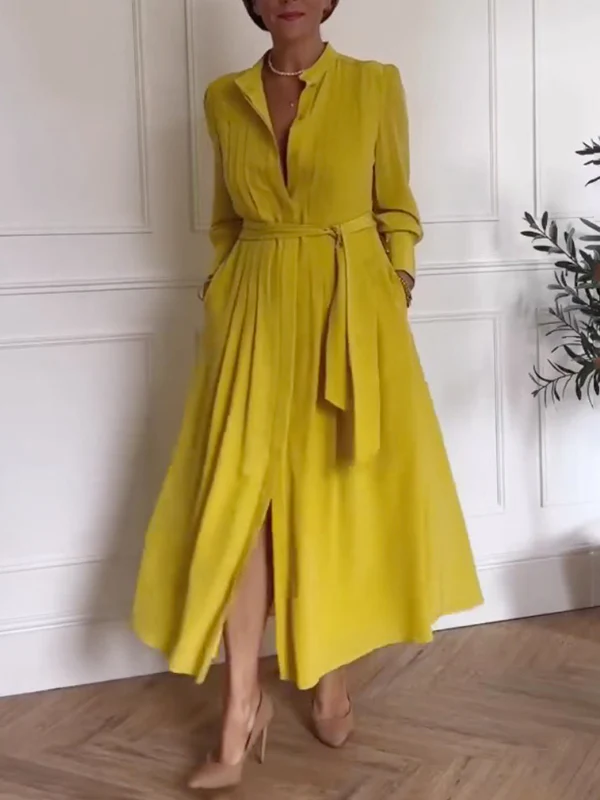 A-Line Long Sleeves Buttoned Pleated Pockets Solid Color Tied Waist V-Neck Maxi Dresses - Image 3