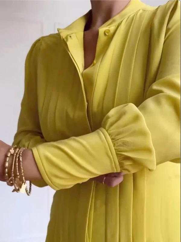 A-Line Long Sleeves Buttoned Pleated Pockets Solid Color Tied Waist V-Neck Maxi Dresses - Image 4
