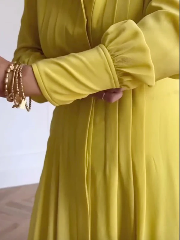 A-Line Long Sleeves Buttoned Pleated Pockets Solid Color Tied Waist V-Neck Maxi Dresses - Image 5
