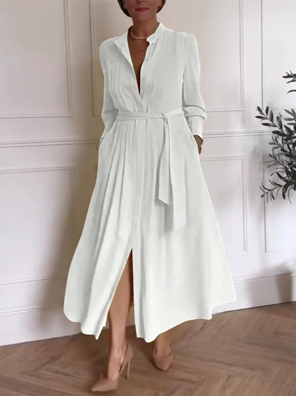 A-Line Long Sleeves Buttoned Pleated Pockets Solid Color Tied Waist V-Neck Maxi Dresses - Image 6