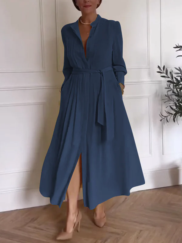 A-Line Long Sleeves Buttoned Pleated Pockets Solid Color Tied Waist V-Neck Maxi Dresses - Image 7