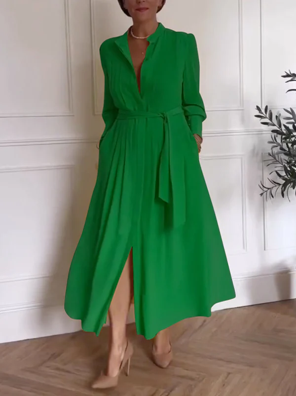 A-Line Long Sleeves Buttoned Pleated Pockets Solid Color Tied Waist V-Neck Maxi Dresses - Image 8