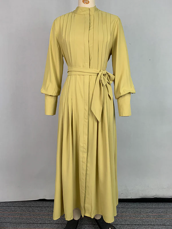 A-Line Long Sleeves Buttoned Pleated Pockets Solid Color Tied Waist V-Neck Maxi Dresses - Image 9