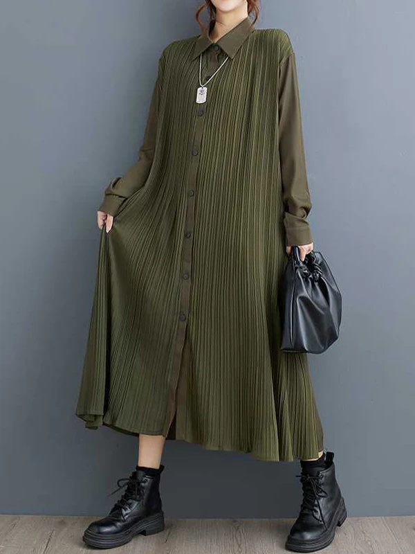 A-Line Long Sleeves Buttoned Pleated Pockets Split-Joint Lapel Midi Dresses Shirt Dress - Image 10