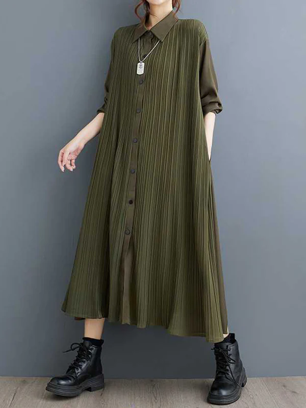 A-Line Long Sleeves Buttoned Pleated Pockets Split-Joint Lapel Midi Dresses Shirt Dress - Image 11
