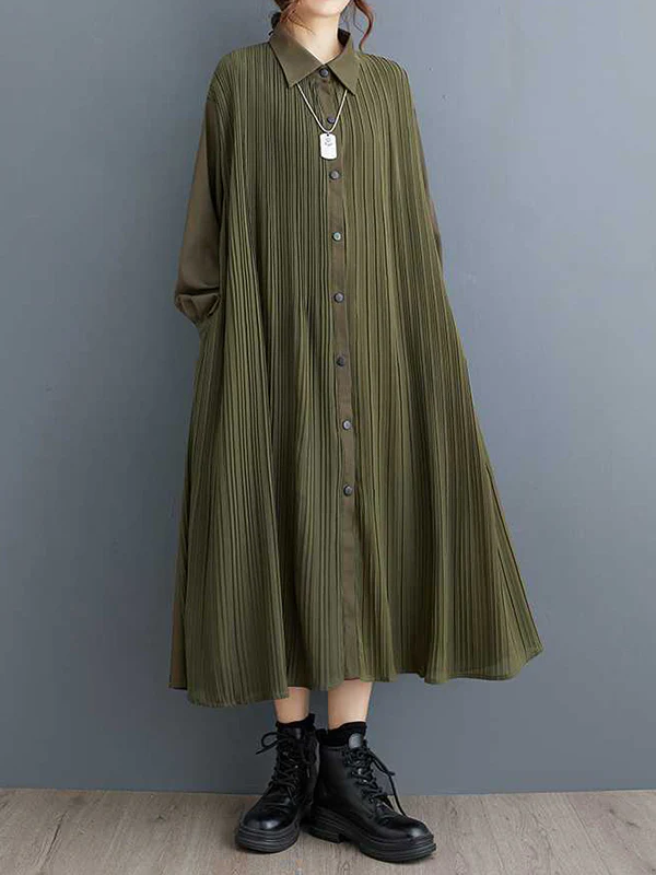 A-Line Long Sleeves Buttoned Pleated Pockets Split-Joint Lapel Midi Dresses Shirt Dress - Image 12