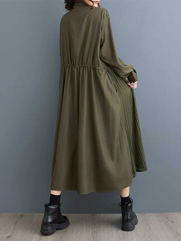 A-Line Long Sleeves Buttoned Pleated Pockets Split-Joint Lapel Midi Dresses Shirt Dress - Image 13