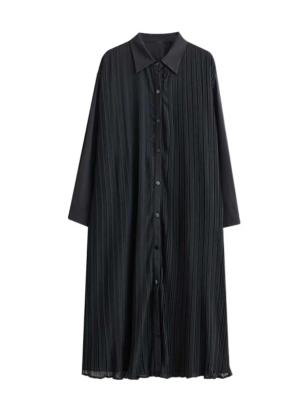 A-Line Long Sleeves Buttoned Pleated Pockets Split-Joint Lapel Midi Dresses Shirt Dress - Image 14