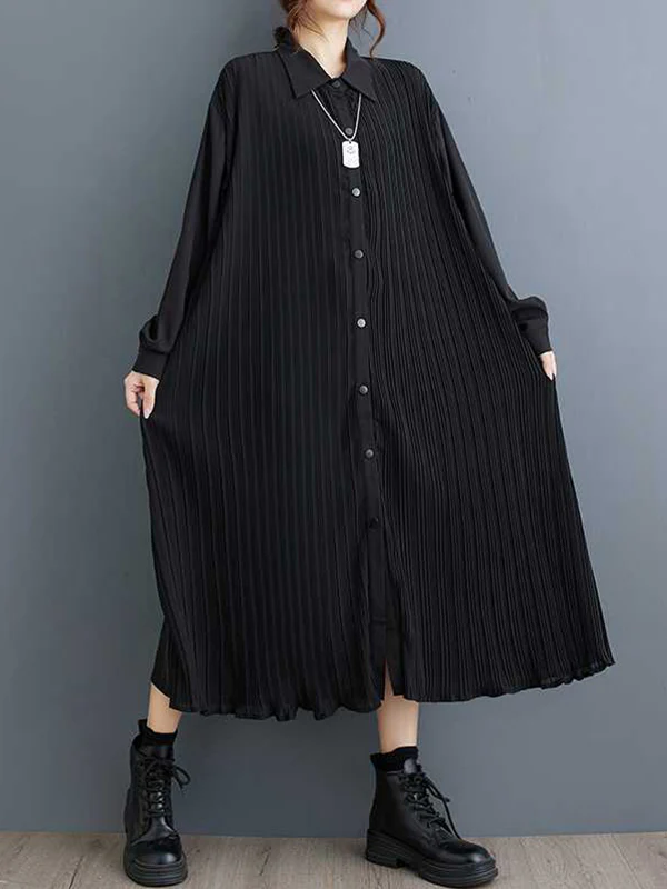 A-Line Long Sleeves Buttoned Pleated Pockets Split-Joint Lapel Midi Dresses Shirt Dress - Image 2