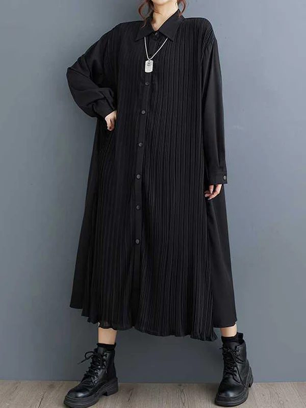 A-Line Long Sleeves Buttoned Pleated Pockets Split-Joint Lapel Midi Dresses Shirt Dress - Image 3
