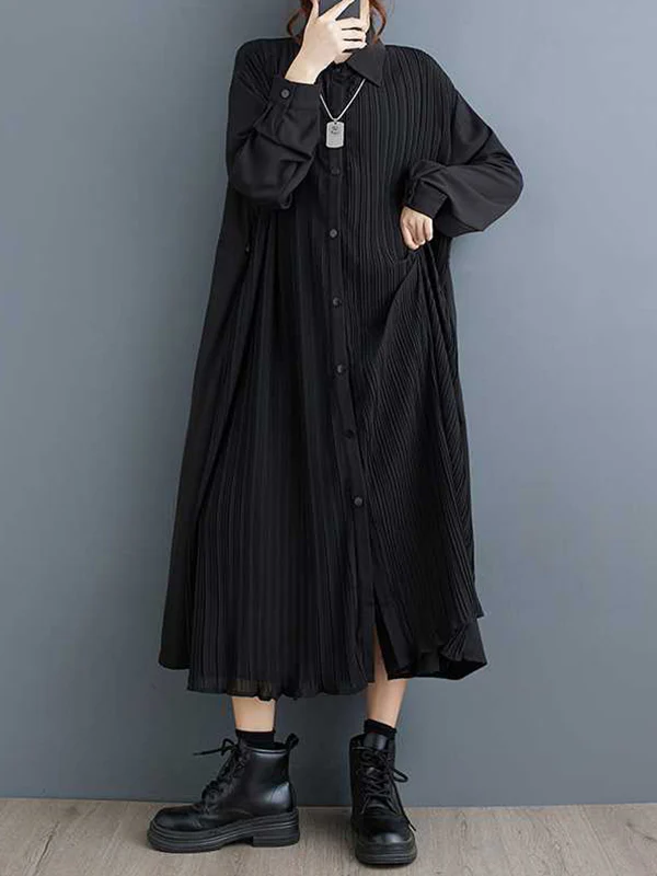 A-Line Long Sleeves Buttoned Pleated Pockets Split-Joint Lapel Midi Dresses Shirt Dress - Image 4