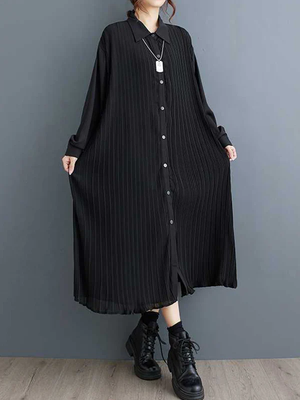A-Line Long Sleeves Buttoned Pleated Pockets Split-Joint Lapel Midi Dresses Shirt Dress - Image 5