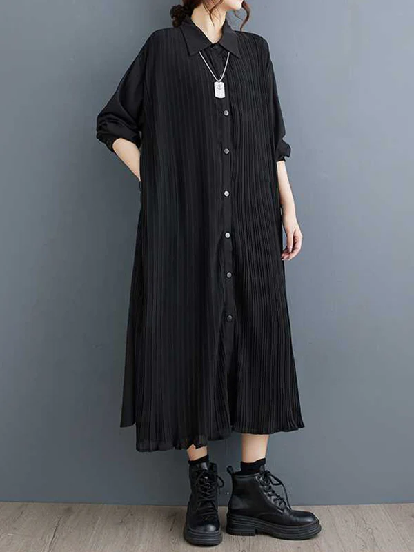 A-Line Long Sleeves Buttoned Pleated Pockets Split-Joint Lapel Midi Dresses Shirt Dress - Image 6