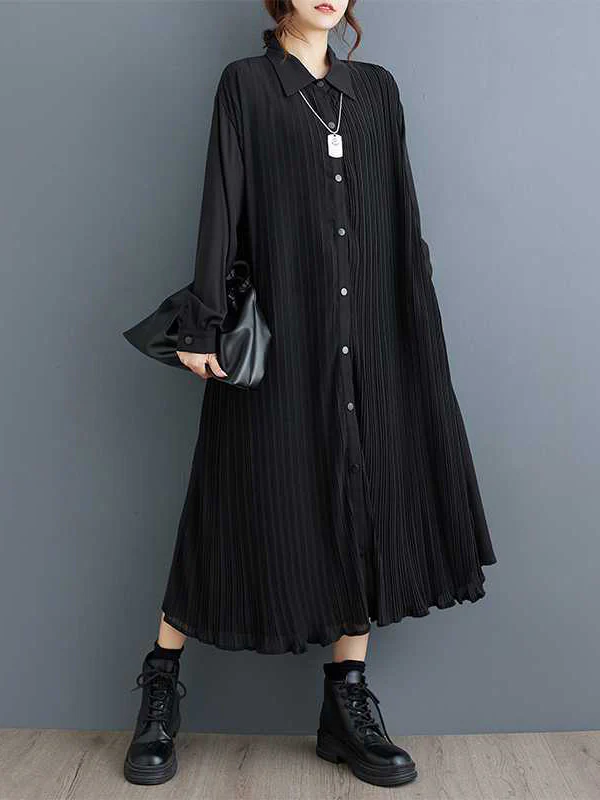 A-Line Long Sleeves Buttoned Pleated Pockets Split-Joint Lapel Midi Dresses Shirt Dress - Image 7