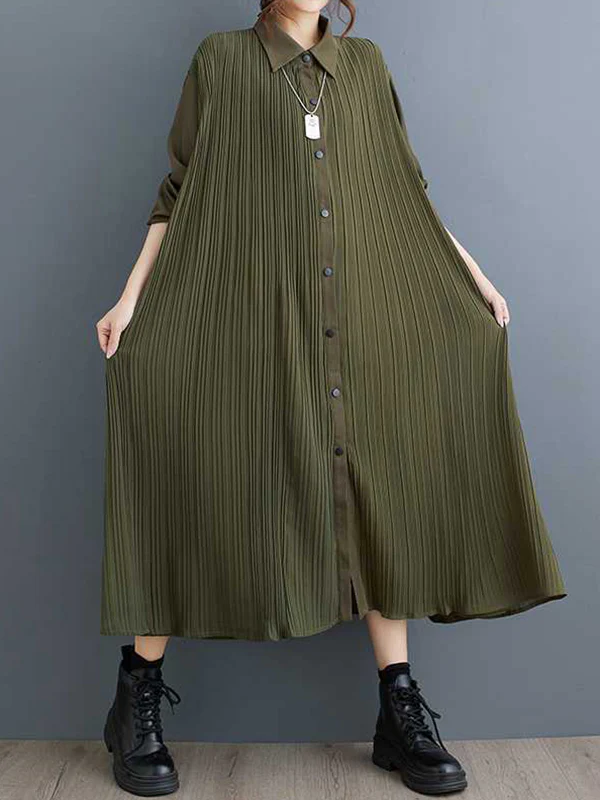 A-Line Long Sleeves Buttoned Pleated Pockets Split-Joint Lapel Midi Dresses Shirt Dress - Image 8
