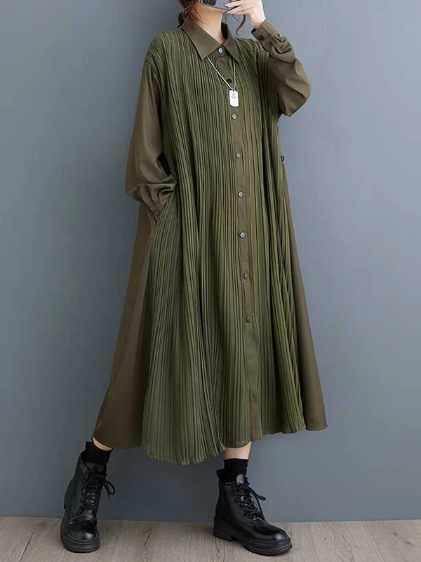 A-Line Long Sleeves Buttoned Pleated Pockets Split-Joint Lapel Midi Dresses Shirt Dress - Image 9