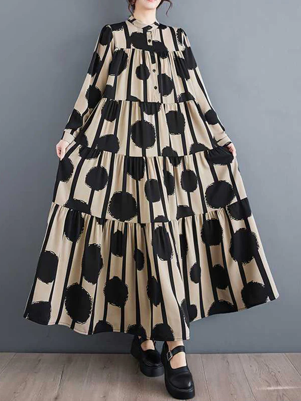 A-Line Long Sleeves Buttoned Pleated Polka-Dot Split-Joint Stand Collar Maxi Dresses Shirt Dress - Image 2