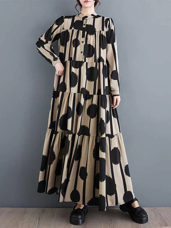 A-Line Long Sleeves Buttoned Pleated Polka-Dot Split-Joint Stand Collar Maxi Dresses Shirt Dress - Image 3