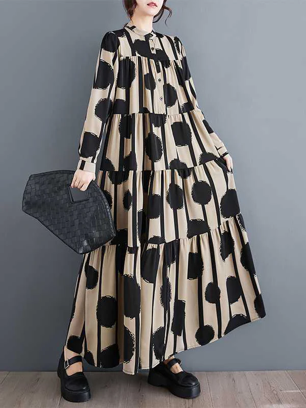 A-Line Long Sleeves Buttoned Pleated Polka-Dot Split-Joint Stand Collar Maxi Dresses Shirt Dress - Image 4