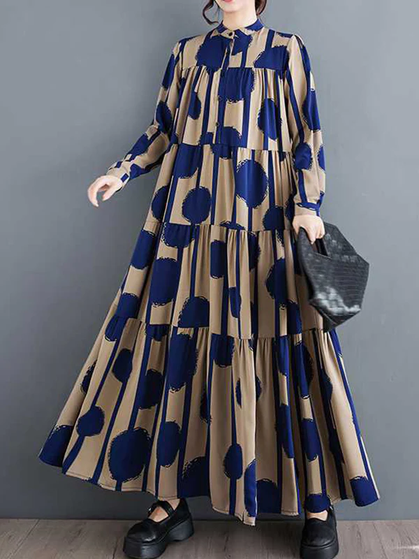 A-Line Long Sleeves Buttoned Pleated Polka-Dot Split-Joint Stand Collar Maxi Dresses Shirt Dress - Image 5
