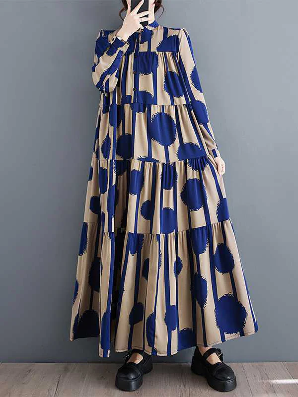 A-Line Long Sleeves Buttoned Pleated Polka-Dot Split-Joint Stand Collar Maxi Dresses Shirt Dress - Image 6