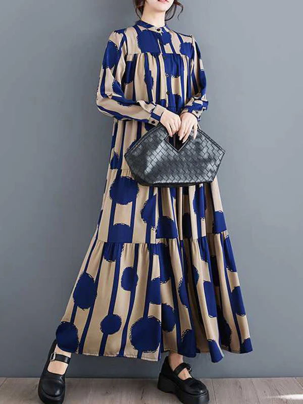 A-Line Long Sleeves Buttoned Pleated Polka-Dot Split-Joint Stand Collar Maxi Dresses Shirt Dress - Image 7