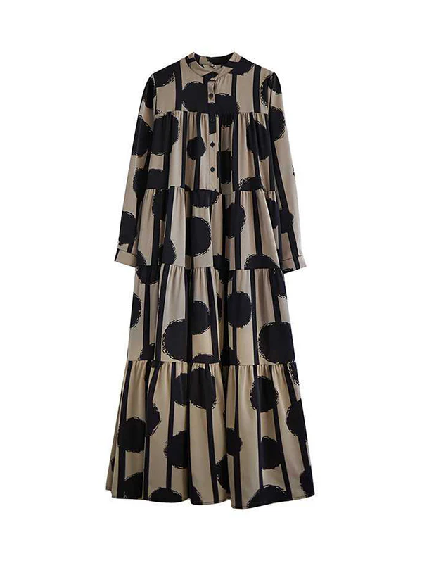 A-Line Long Sleeves Buttoned Pleated Polka-Dot Split-Joint Stand Collar Maxi Dresses Shirt Dress - Image 8